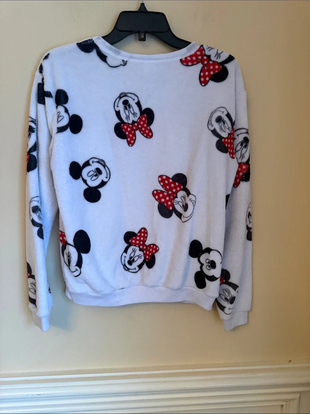 Disney White Plush Sweatshirt with Black Mickey & Red Polka-Dot Bows Size Small‎